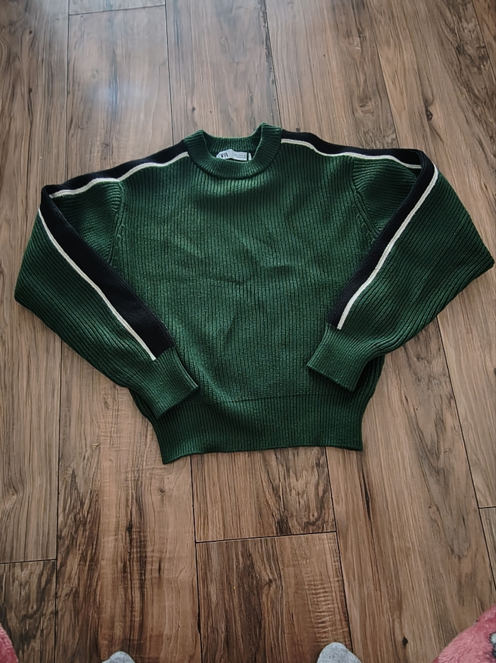 Zara Dark Green Ribbed Crewneck Sweater